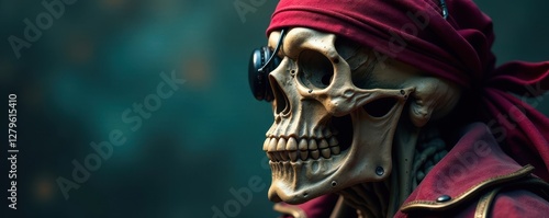 Pirate skull with patch over eye socket and hook for hand, swashbuckling pirate, skull crossbones, skull art