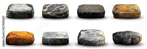 Textured Stone Collection: A collection of intricately detailed stone blocks or tiles, each displaying unique textures, colors, and forms, hinting at the raw beauty of geological formations. 