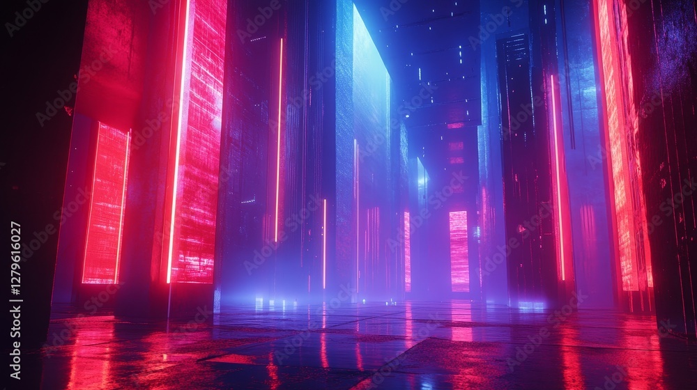 A futuristic cityscape with neon lights and buildings A futuristic cityscape with neon lights and buildings