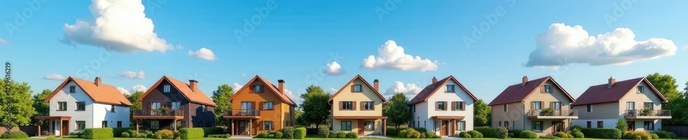 Row of houses with blue sky and puffy white clouds in the background, peaceful atmosphere, puffy clouds, homes Row of houses with blue sky and puffy white clouds in the background, peaceful atmosphere, puffy clouds, homes