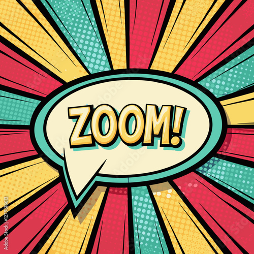 Vibrant comic book speech bubble with zoom text for dynamic design and pop art projects, posters and dynamic social media posts dialoque photo