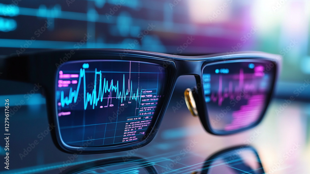 Augmented reality glasses display data charts. The eyewear reflects a futuristic, data-driven world. Innovation and tech vision. Augmented reality glasses display data charts. The eyewear reflects a futuristic, data-driven world. Innovation and tech vision.