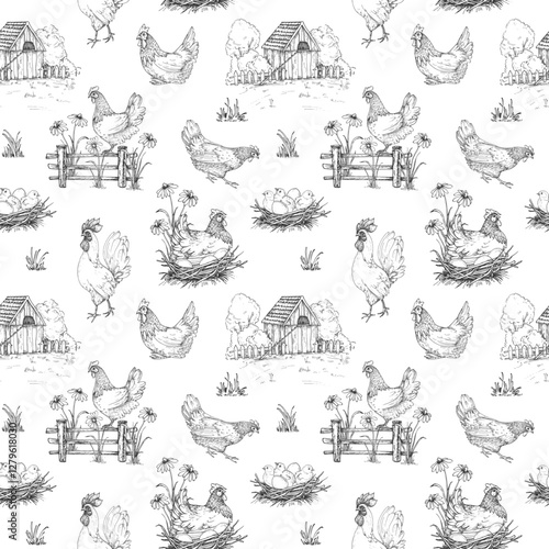 Chicken farm seamless vector pattern hand drawn ink. Chicken coop, hens, rooster, chicks, eggs, fence, flowers and herbs. For organic, fresh food label design