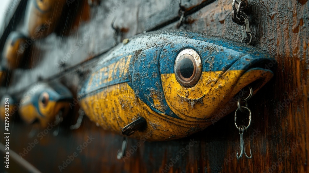 Fototapeta premium Close-up of weathered, yellow and blue vintage fishing lure hanging on dark wood, rain droplets visible. Unique artistry and texture.