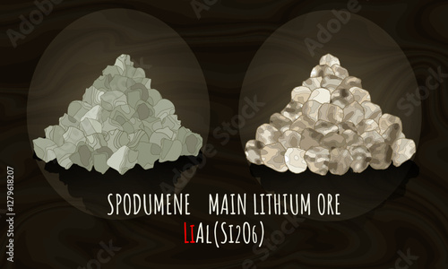 Vector drawing spodumene. Hand drawn illustration. LITHIUM ORE. Lithium-containing mineral.
