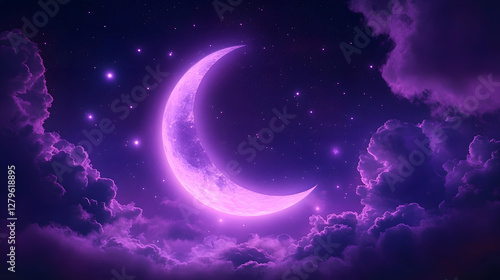 Fototapeta Naklejka Na Ścianę i Meble -  A crescent moon glows brightly in a violet night sky with fluffy clouds and a scattering of stars.