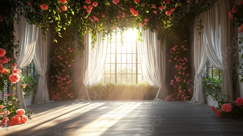 A studio background for photography, complete with a round floral arch and beautiful light drapes