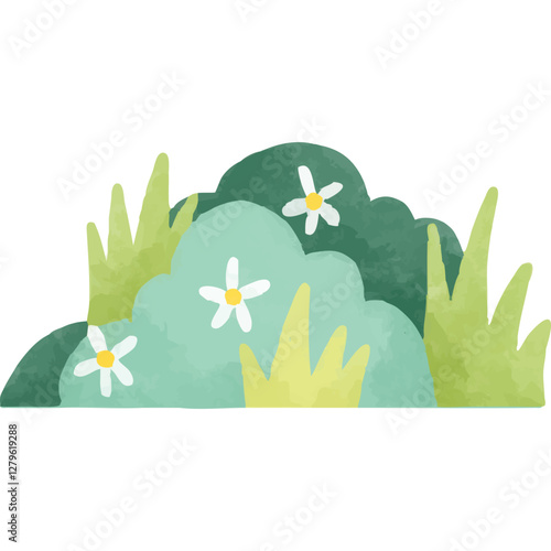 A bush arrangement with white flowers, offering a lush green and floral mix in watercolor