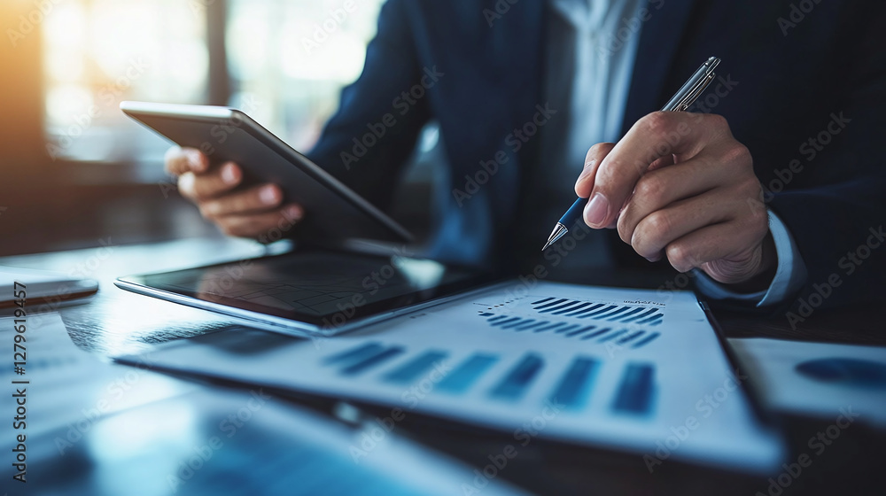 Fototapeta premium Business professional analyzes data using a tablet and graphs. He's focused, reviewing charts and figures with a pen in hand for strategic planning.