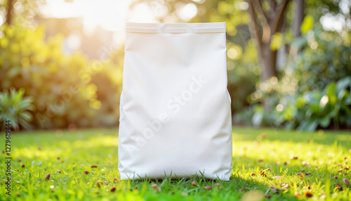 Lawn fertilizer bag on grass in sunny garden, ideal for gardening blogs and eco-friendly presentations