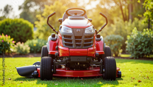 Riding lawn mower parked on trimmed lawn with trees and bushes in soft daylight, ideal for landscaping blogs and gardening websites