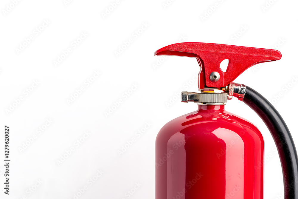 Close-up of a vibrant red fire extinguisher against a stark white backdrop, emphasizing safety and emergency preparedness. Key firefighting equipment. Close-up of a vibrant red fire extinguisher against a stark white backdrop, emphasizing safety and emergency preparedness. Key firefighting equipment.