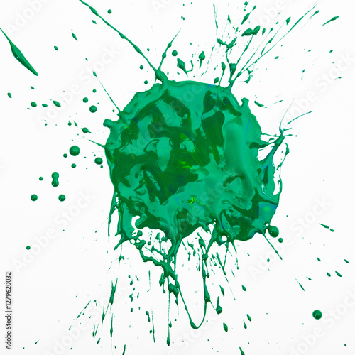 Spilled green paint spot on paper, colorfull artistic image on white background
