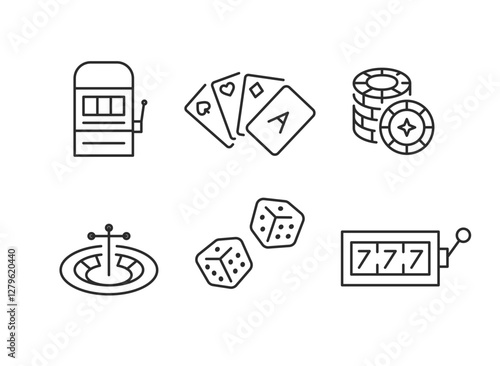 Casino icons. Set of 6 trendy minimal casino icons including Slot Machine, Dice, Cards, and Chips icon. Design elements for web page, mobile app, and gaming interface design. Vector illustration.