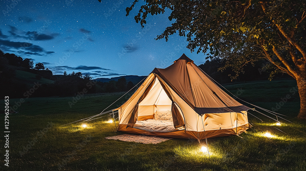 Glamping under the Stars: A cozy tent glows warmly under the night sky. Experience the tranquility of nature in comfort. Glamping under the Stars: A cozy tent glows warmly under the night sky. Experience the tranquility of nature in comfort.