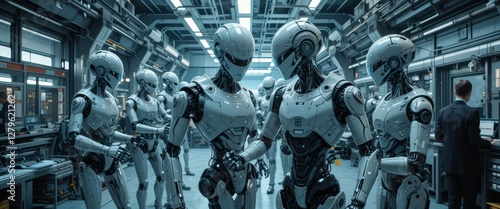 Futuristic humanoid robots in a high-tech laboratory.