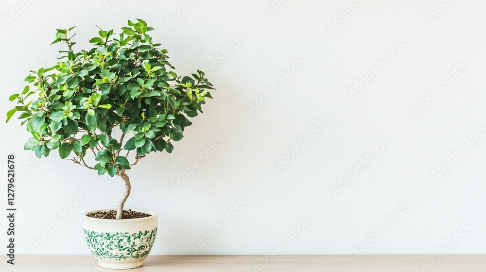Small Bonsai Tree in Decorative Pot on Light Wood Surface Against White Wall Small Bonsai Tree in Decorative Pot on Light Wood Surface Against White Wall