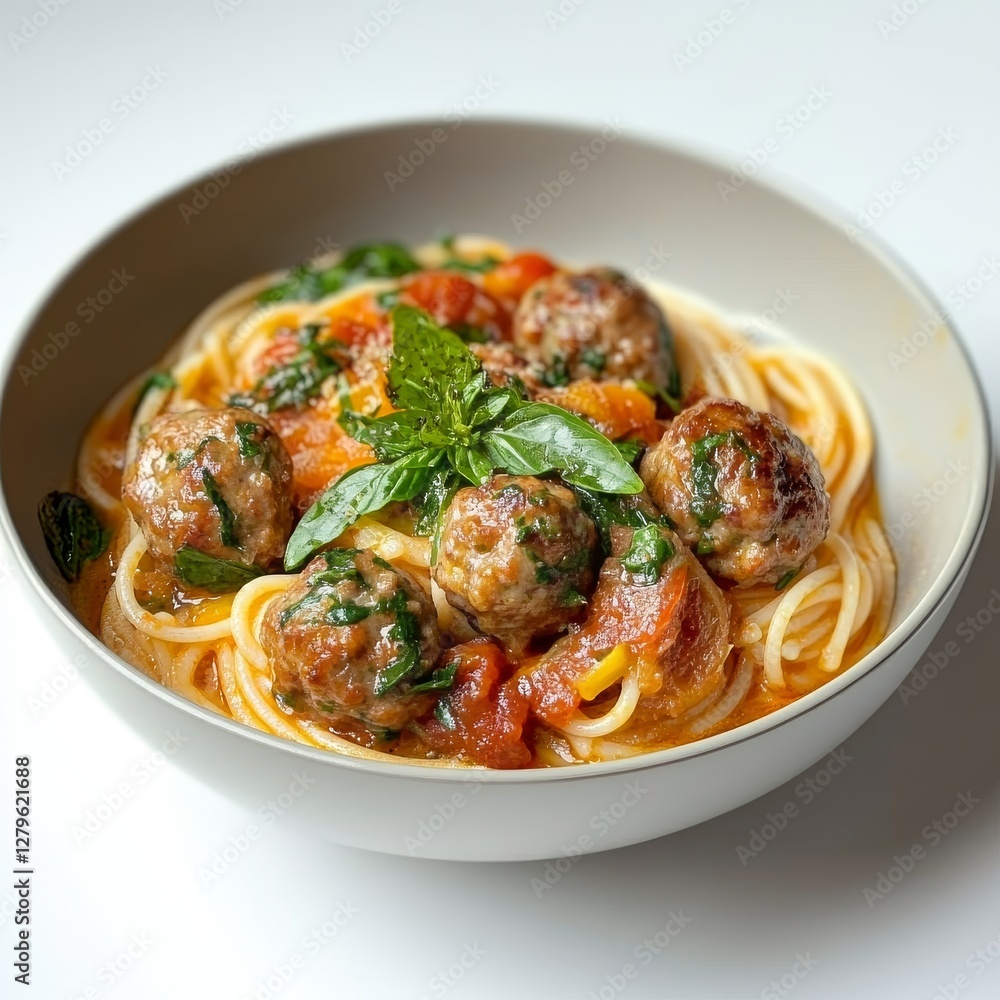 Savory spaghetti and meatballs, an iconic Italian dish Savory spaghetti and meatballs, an iconic Italian dish