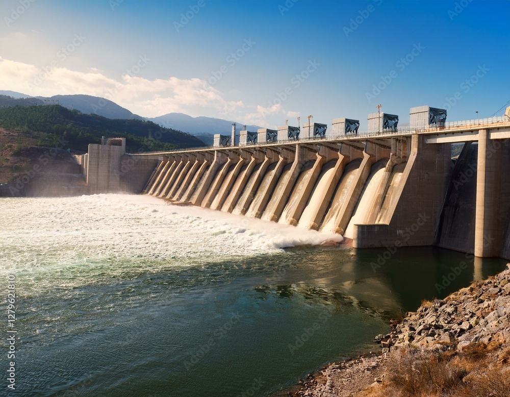 A massive hydroelectric dam with water flowing through its turbines, generating renewable energy. A massive hydroelectric dam with water flowing through its turbines, generating renewable energy.