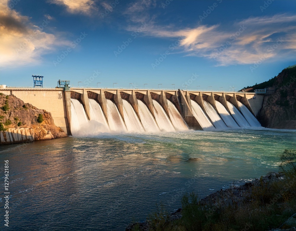 A massive hydroelectric dam with water flowing through its turbines, generating renewable energy. A massive hydroelectric dam with water flowing through its turbines, generating renewable energy.
