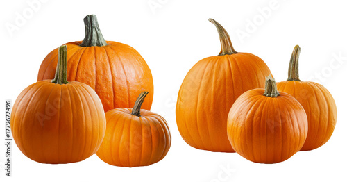 Group of fresh orange pumpkins isolated on transparent background