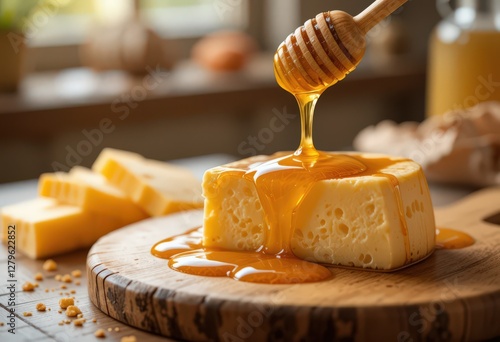 Honey drizzling over Swiss cheese on wooden board. photo