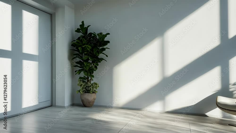 Elegant sunlit minimalist interior with chair and greenery play of light Elegant sunlit minimalist interior with chair and greenery play of light