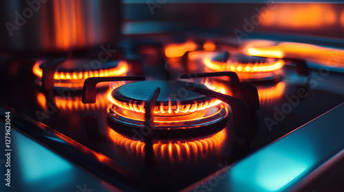 A close-up of a lit gas burner on a stainless steel stovetop. photo