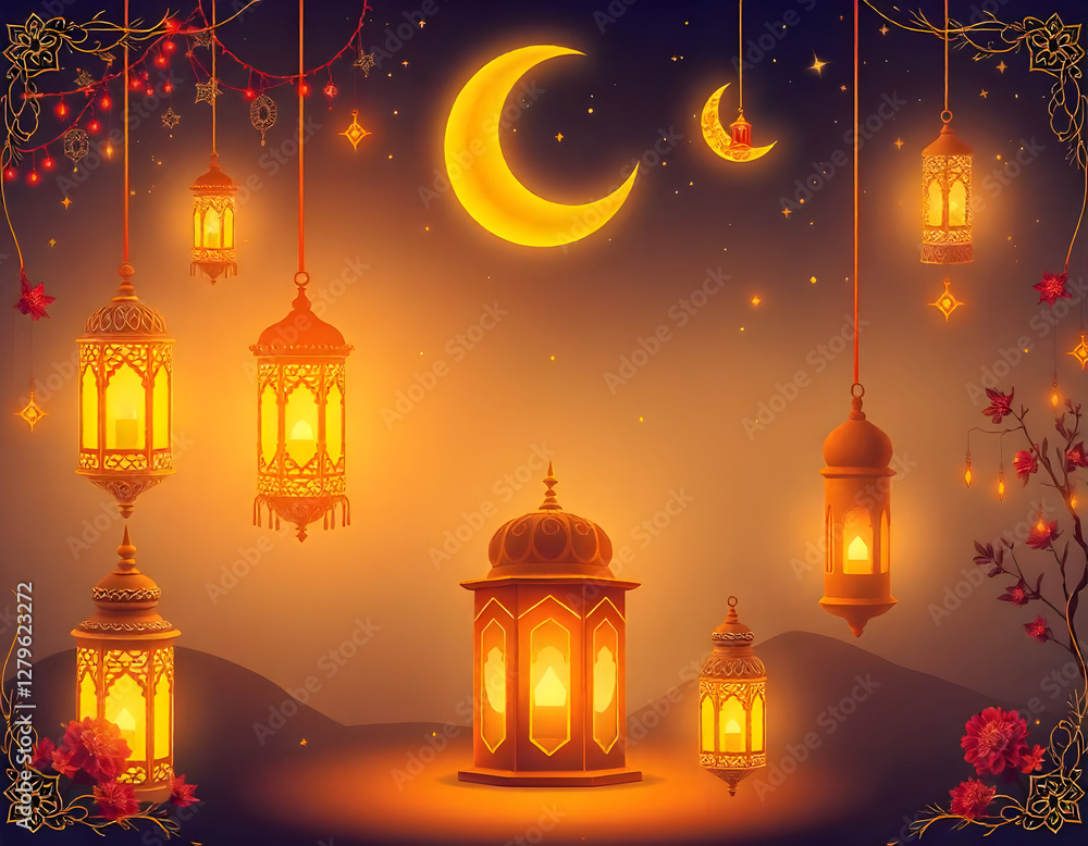 Ramadan Kareem Greeting Card with Lanterns and Crescent Moon
Ramadan Kareem Greeting Card with Lanterns and Crescent Moon