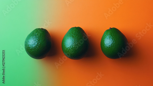 Three small avocadoes against a graduated green to orange backdrop. Minimalistic composition. Main guacamole ingredient.