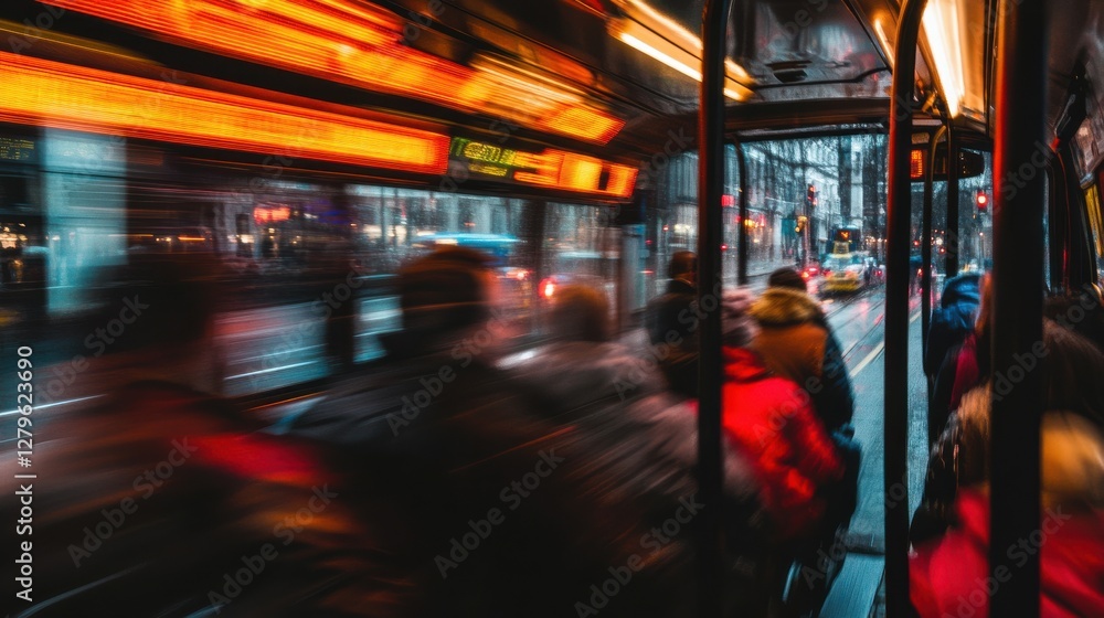 Fototapeta premium Motion Blur Inside Bus with Commuters on Gloomy City Street