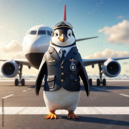 Captain Penguin stands proudly in front of an airplane at the bustling airport on a sunny day, ready for adventure and travel
