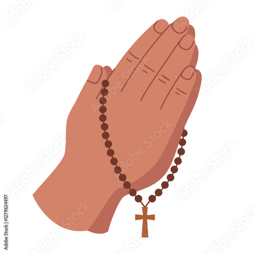 Vector design of praying hands with christian rosary, symbol of catholic religion