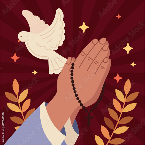 Vector design of praying hands with christian rosary, symbol of catholic religion