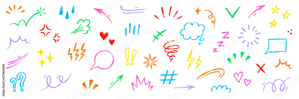 Obraz premium Line movement element hand drawn chalk effect decoration shape. Hand drawn cute doodle line element arrow, emphasis, shock, sparkle. Motion cartoon movement chalk icon. Vector illustration