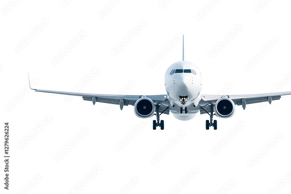 Airplane approaches for landing, nose-on view, against white background. Airplane approaches for landing, nose-on view, against white background.