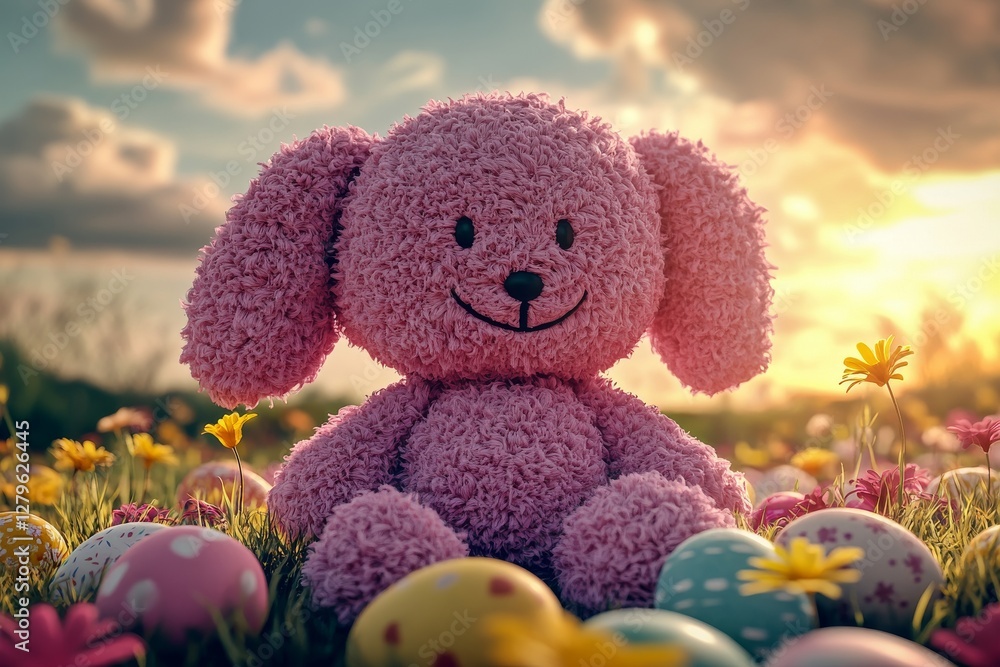 Happy Easter bunny racing with eggs flying all around, brought to life by generative stock and generative AI Happy Easter bunny racing with eggs flying all around, brought to life by generative stock and generative AI