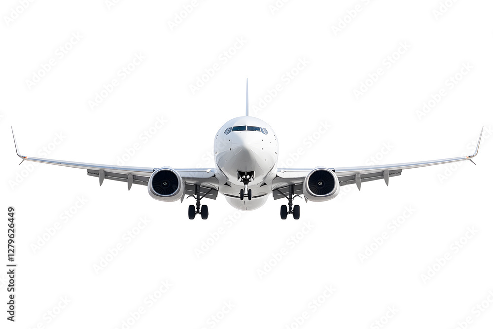 An airliner is seen head-on with its landing gear deployed. The aircraft has two jet engines, one under each wing, and a white fuselage against a white background. An airliner is seen head-on with its landing gear deployed. The aircraft has two jet engines, one under each wing, and a white fuselage against a white background.