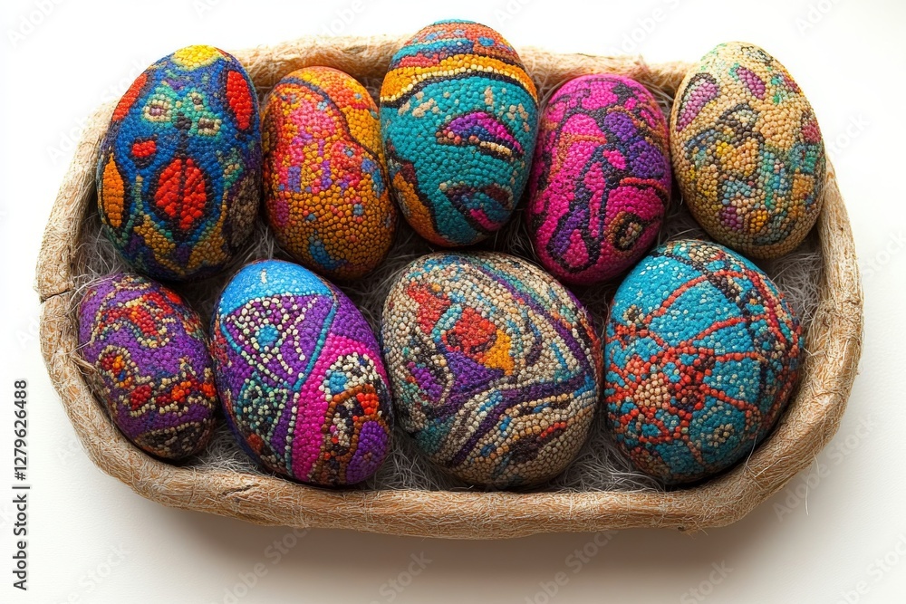 The basket showcases a collection of wonderfully colored Easter eggs The basket showcases a collection of wonderfully colored Easter eggs