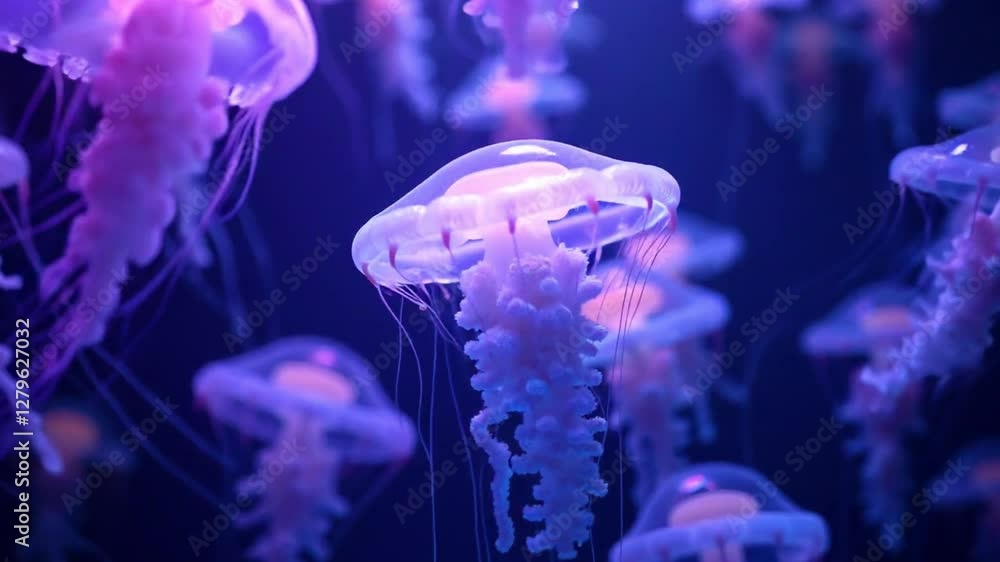 Medusas bajo el agua brillando suavemente en un ambiente azul tranquilo para decoración marina