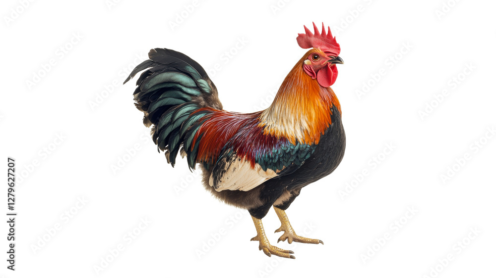 Colorful rooster standing proud in bright light Colorful rooster standing proud in bright light
