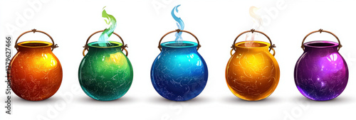A set of colorful magical pot of witches isolated on a white background