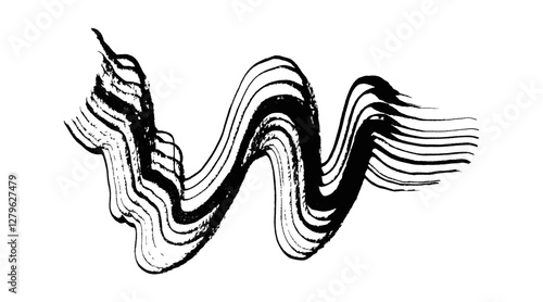 Artistic wavy grunge textured vector black ink brush stroke border. Abstract curve dynamic isolated grunge paintbrush for texture design, abstract sound wave background, striped mascara, ribbon
