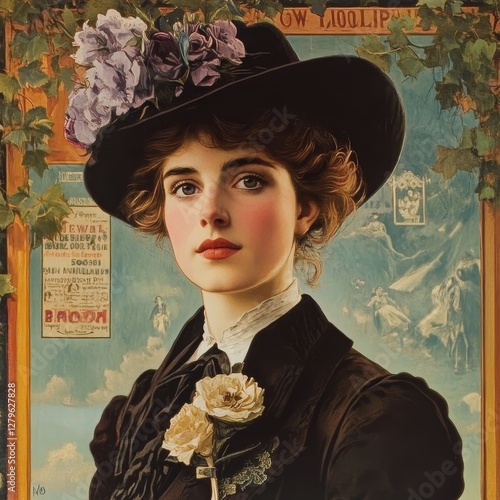 Vintage Portrait of a Woman in Black Hat with Flowers