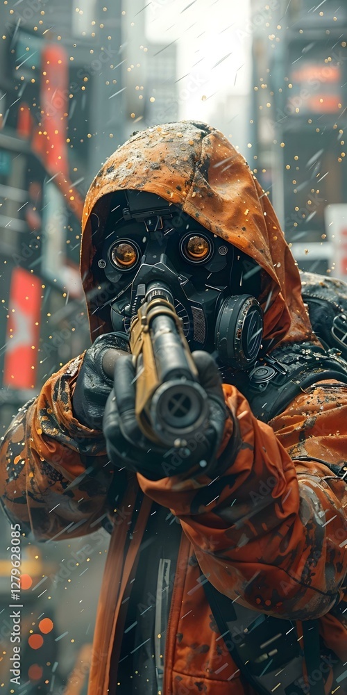 Fototapeta premium Soldier in a gas mask with a gun in his hands.