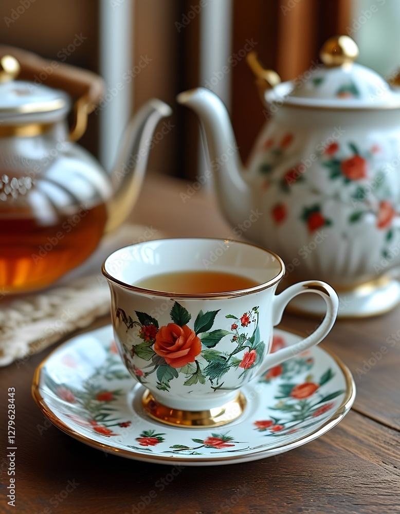 Elegant tea set with floral patterned cup and saucer, accompanied by matching teapots Elegant tea set with floral patterned cup and saucer, accompanied by matching teapots
