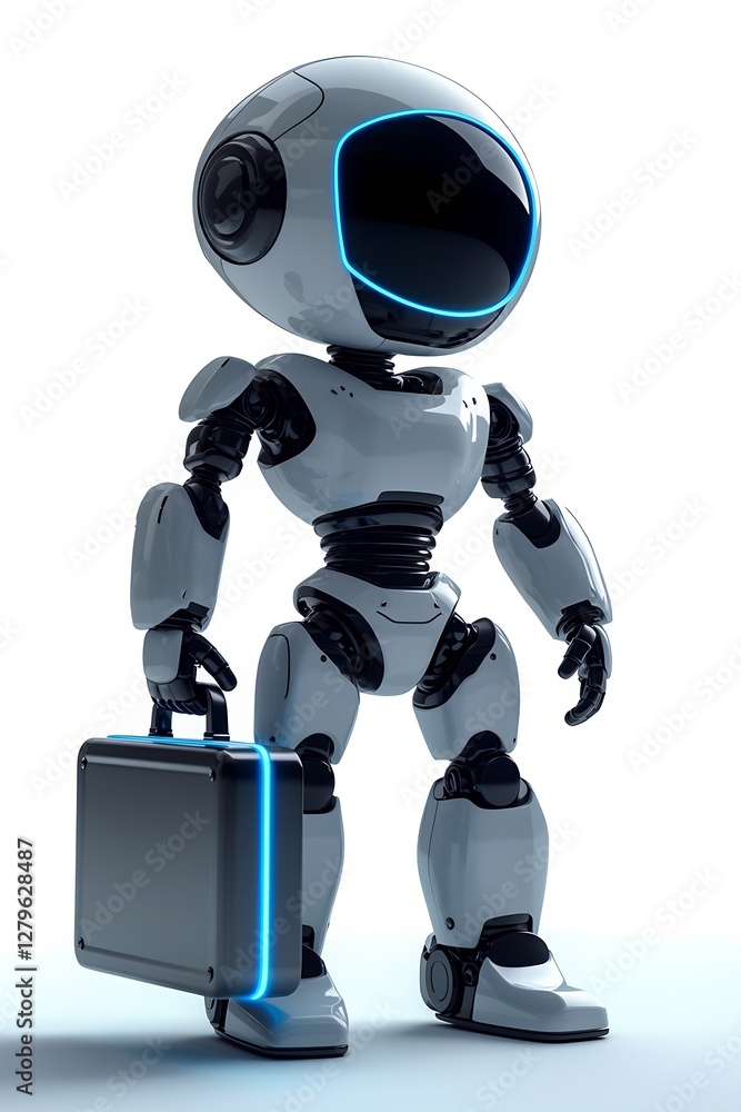 A futuristic robot with glowing accents holding a sleek briefcase in a modern setting A futuristic robot with glowing accents holding a sleek briefcase in a modern setting