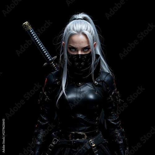 Warrior amazon woman with sword and mask isolated on black background