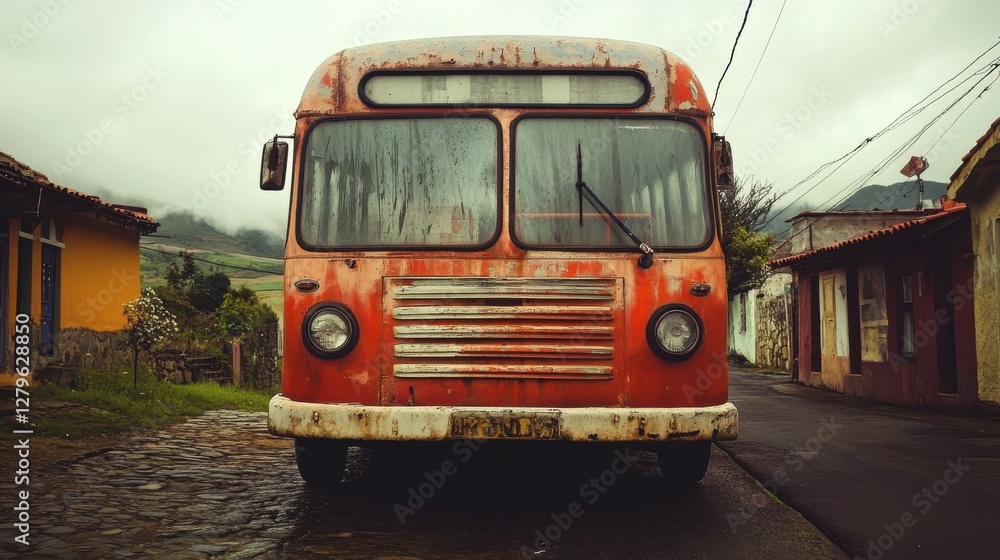 Fototapeta premium Vintage Orange Bus Parked in Quaint Village with Dramatic Sky