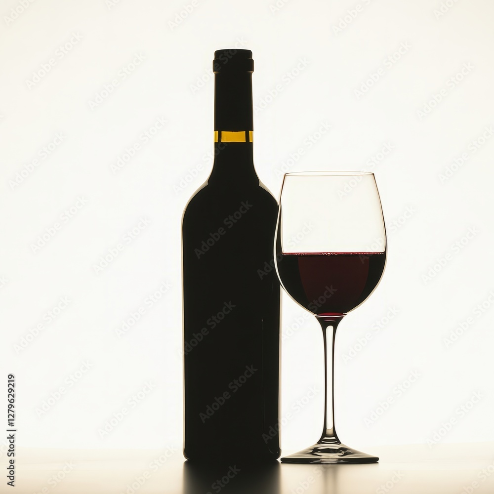 Elegant bottle and glass of red wine against a bright white background. Elegant bottle and glass of red wine against a bright white background.